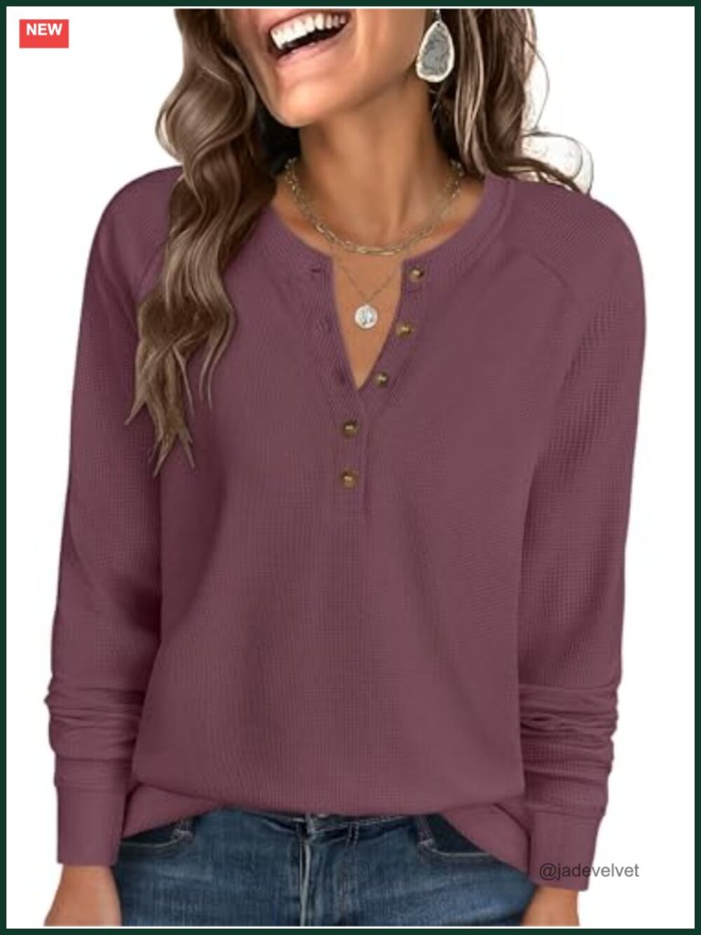 Waffle Knit Henley Top Long Sleeve Loose Fit Tunics